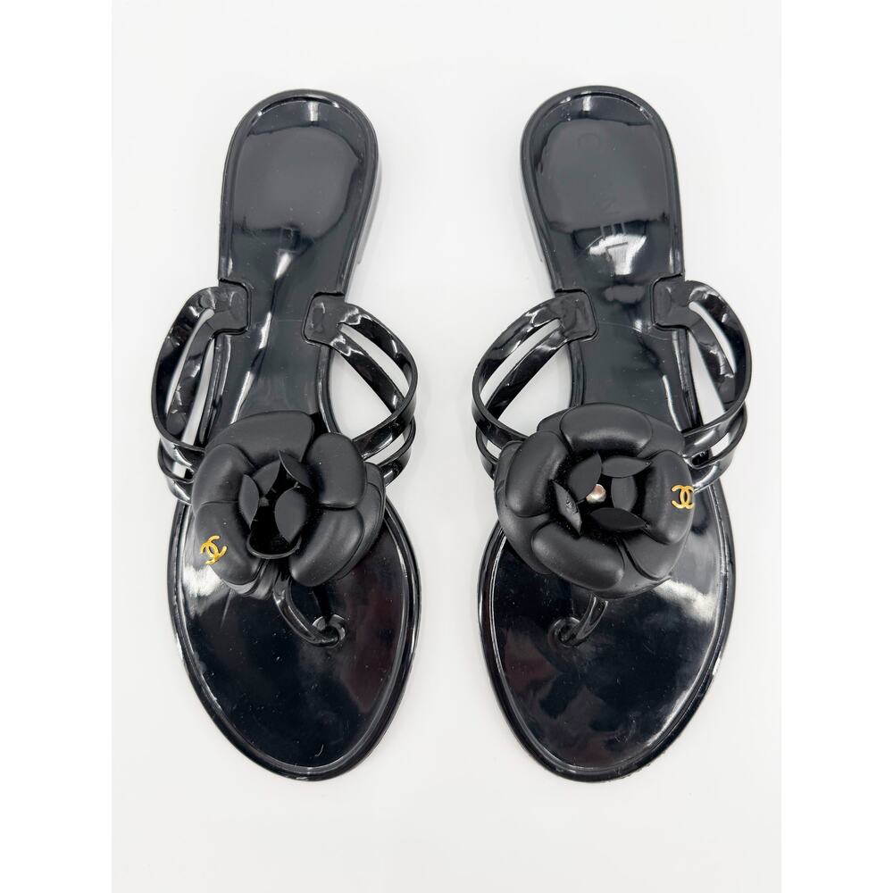 Chanel Sandals CC Camellia Beach All Black Rubber Thong Jelly Flip Flops Size 39